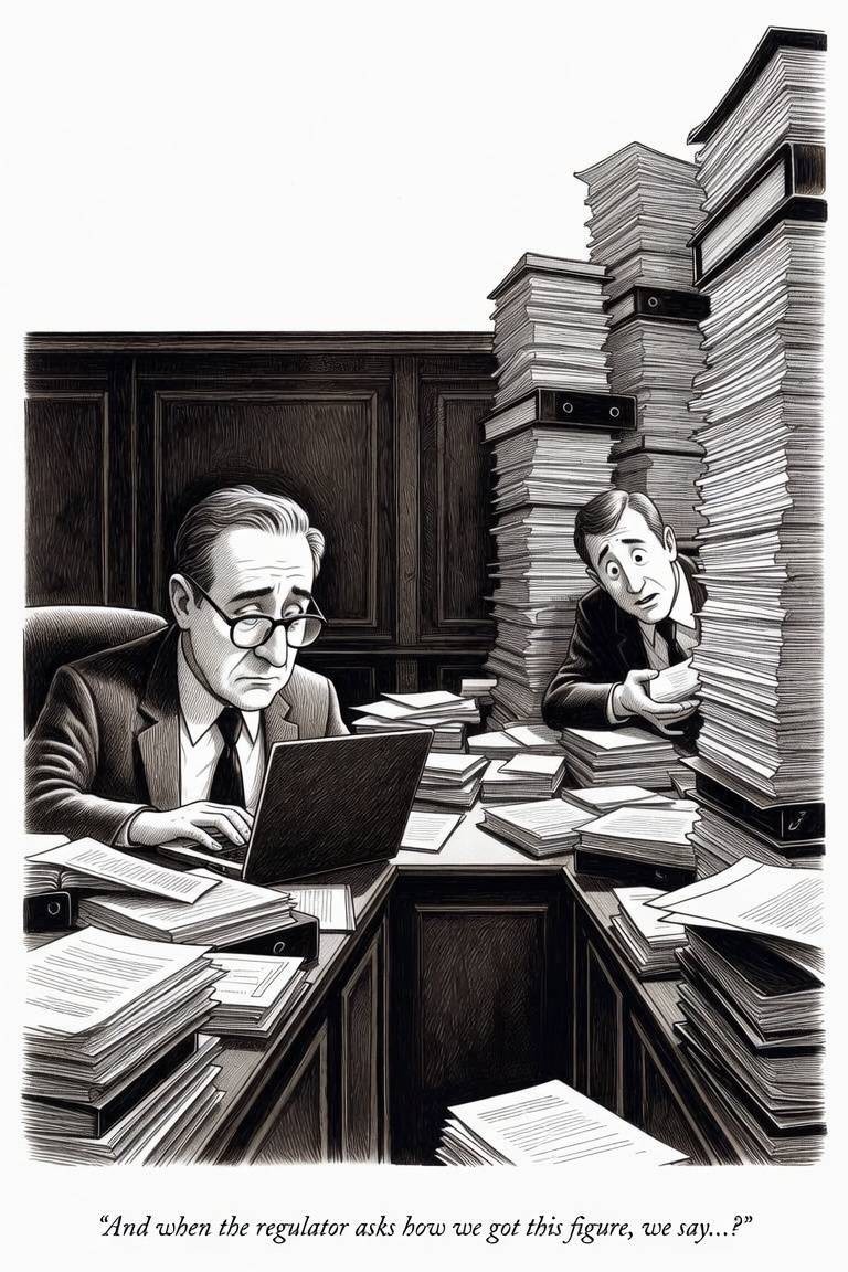 Two lawyers buried under towering stacks of paper. Caption: And when the regulator asks how we got this figure, we say…?